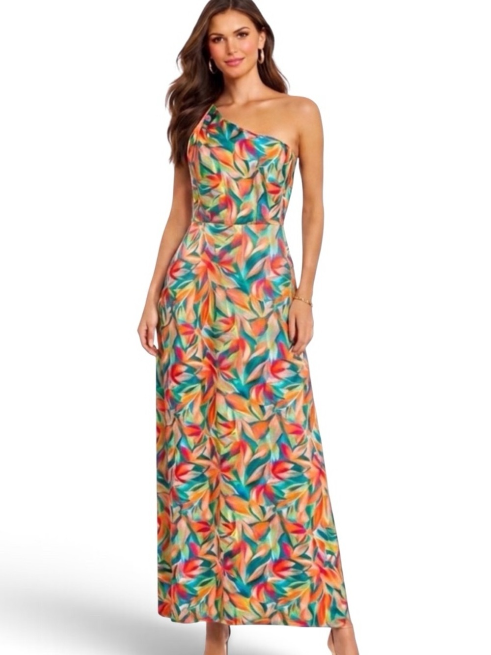 Nicole Miller Tropical One Shoulder Maxi Dress Size 8